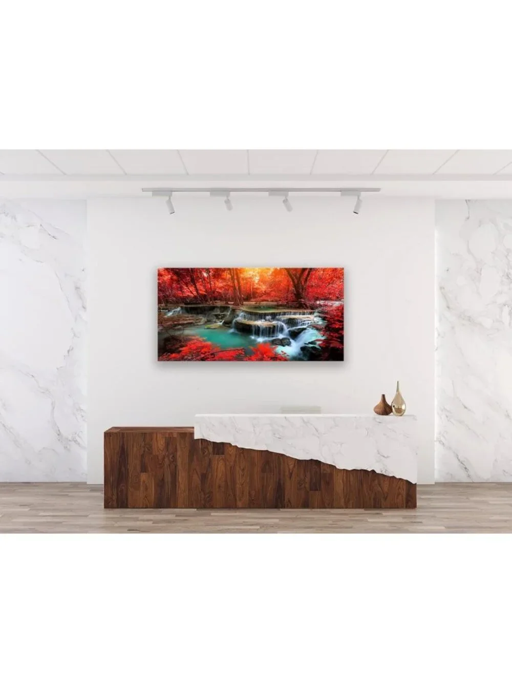 Stunning Red Forest Waterfall Canvas Art - Modern Landscape Wall Decor for Home